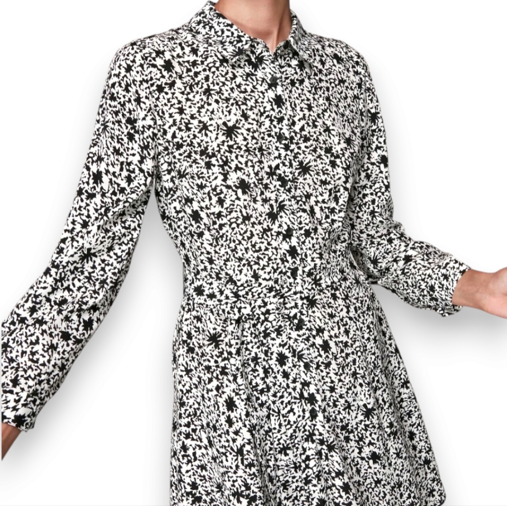 Whistles Floral Shirt Dress Black White Button Front Long Sleeve Size 8 - Picture 2 of 10